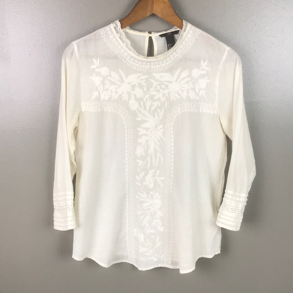 H&M Tops - H&M White Embroidered long Sleeve Semi Sheer Top